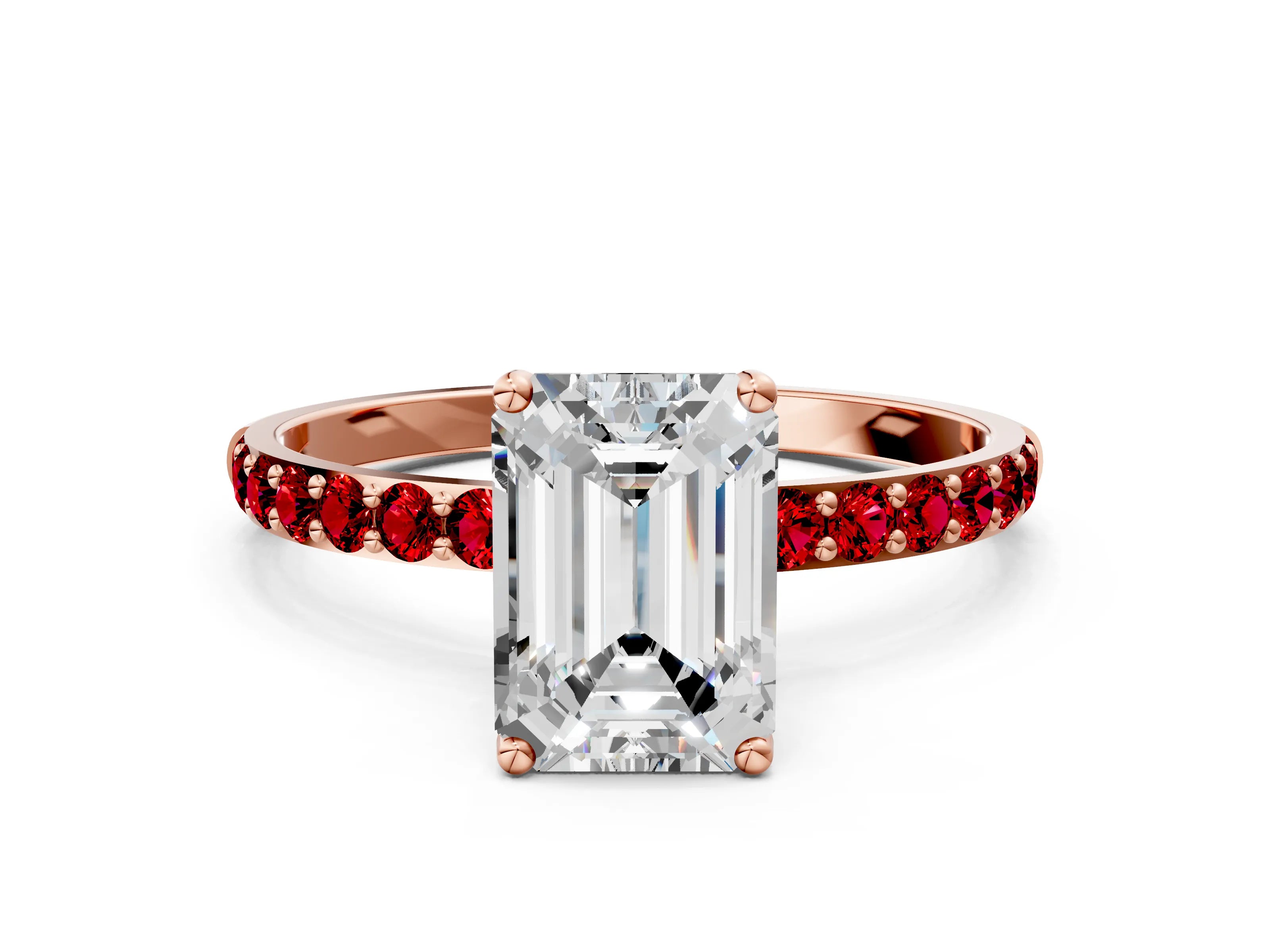 Rose gold Emerald Cut Diamond Solitaire Engagement Ring with Round with Ruby side stone Pavé Band and Prong Setting