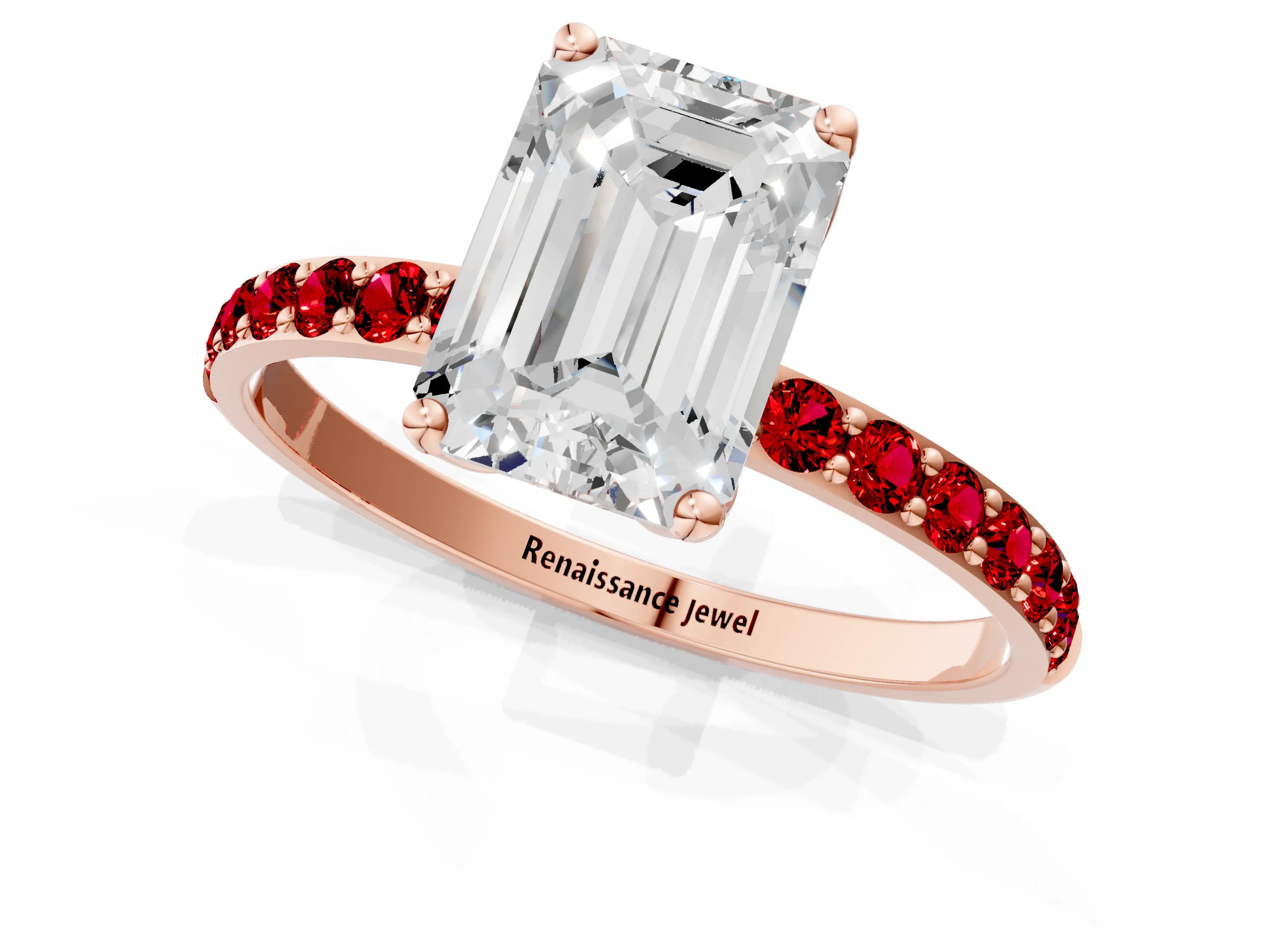 Rose gold Emerald Cut Diamond Solitaire Engagement Ring with Round with Ruby side stone Pavé Band and Prong Setting_1
