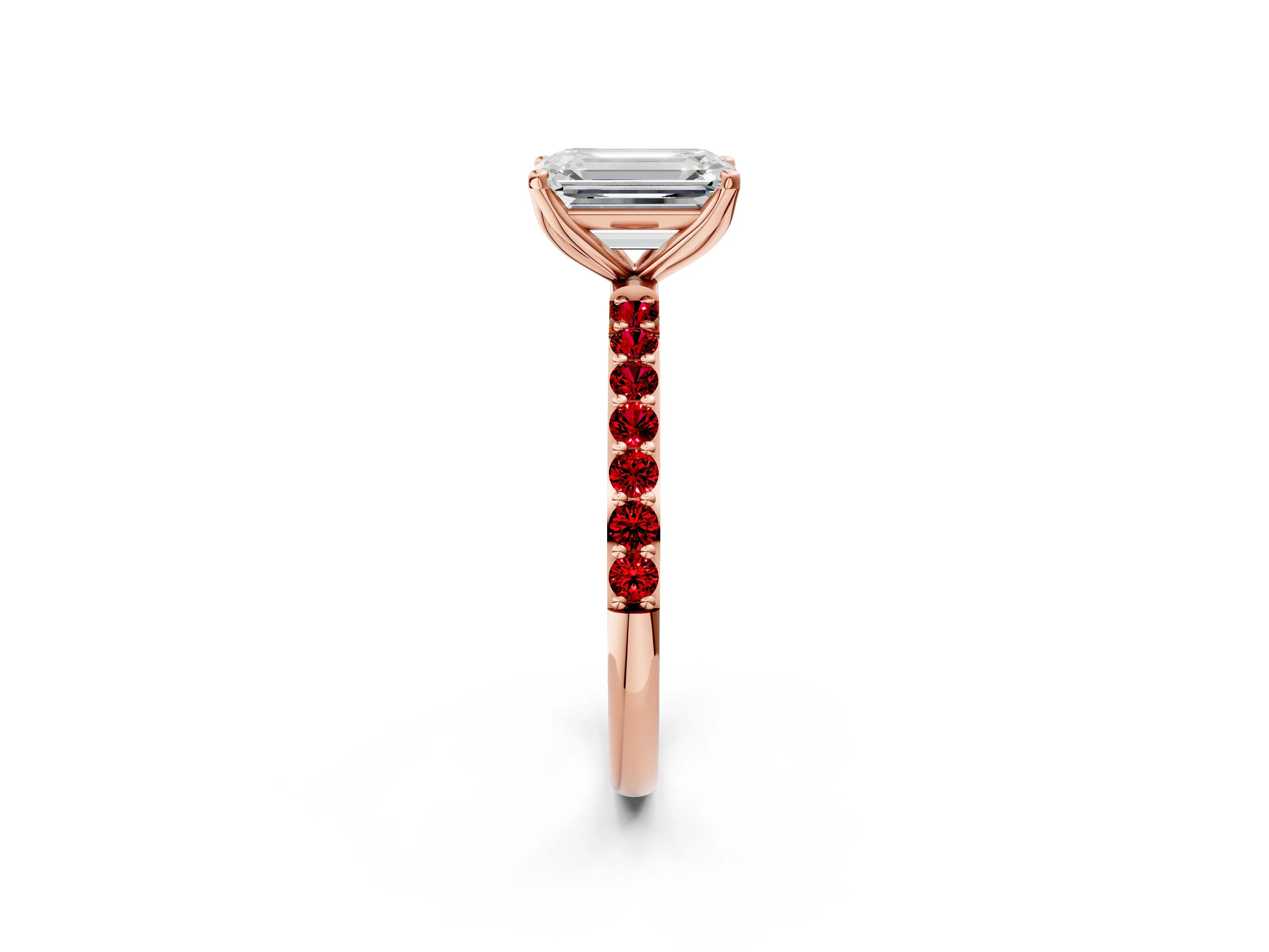 Rose gold Emerald Cut Diamond Solitaire Engagement Ring with Round with Ruby side stone Pavé Band and Prong Setting_2