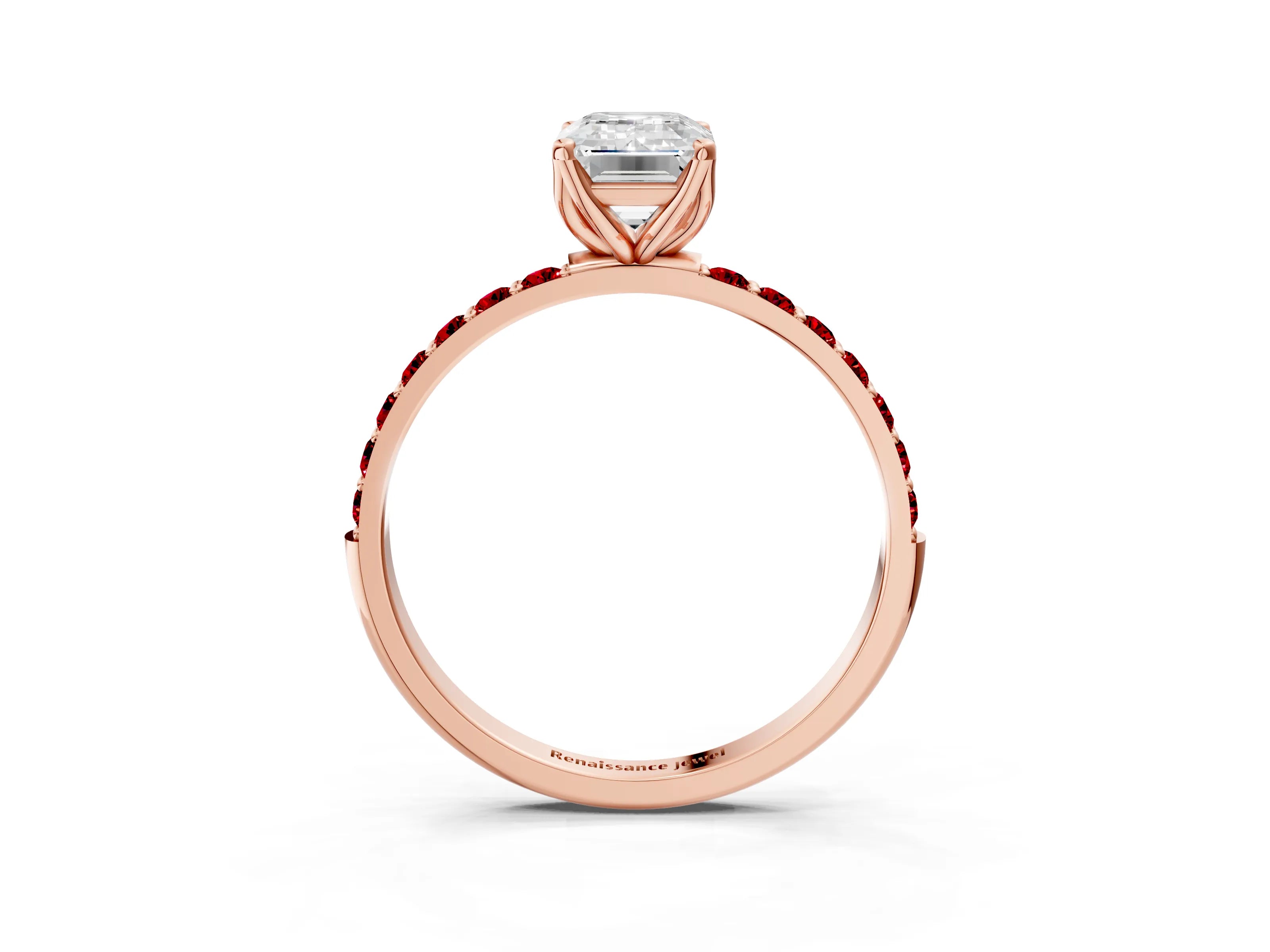 Rose gold Emerald Cut Diamond Solitaire Engagement Ring with Round with Ruby side stone Pavé Band and Prong Setting_3