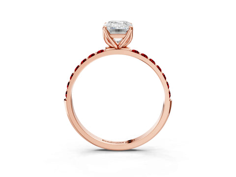Rose gold Emerald Cut Diamond Solitaire Engagement Ring with Round with Ruby side stone Pavé Band and Prong Setting_3