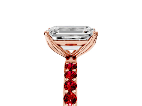 Rose gold Emerald Cut Diamond Solitaire Engagement Ring with Round with Ruby side stone Pavé Band and Prong Setting_5