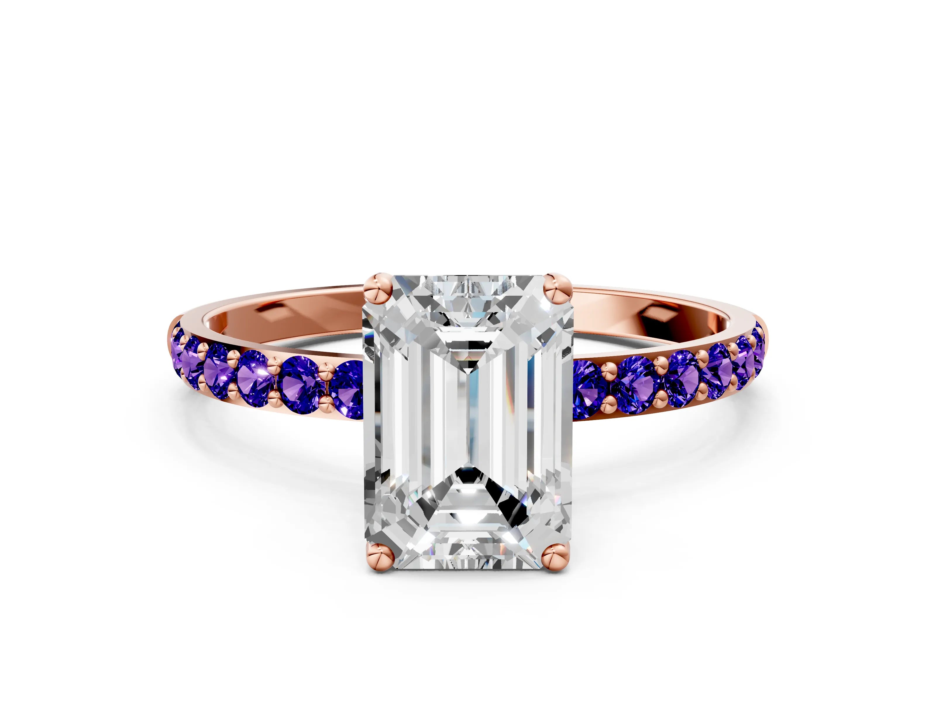 Rose gold Emerald Cut Diamond Solitaire Engagement Ring with Round with Tanzanite side stone Pavé Band and Prong Setting