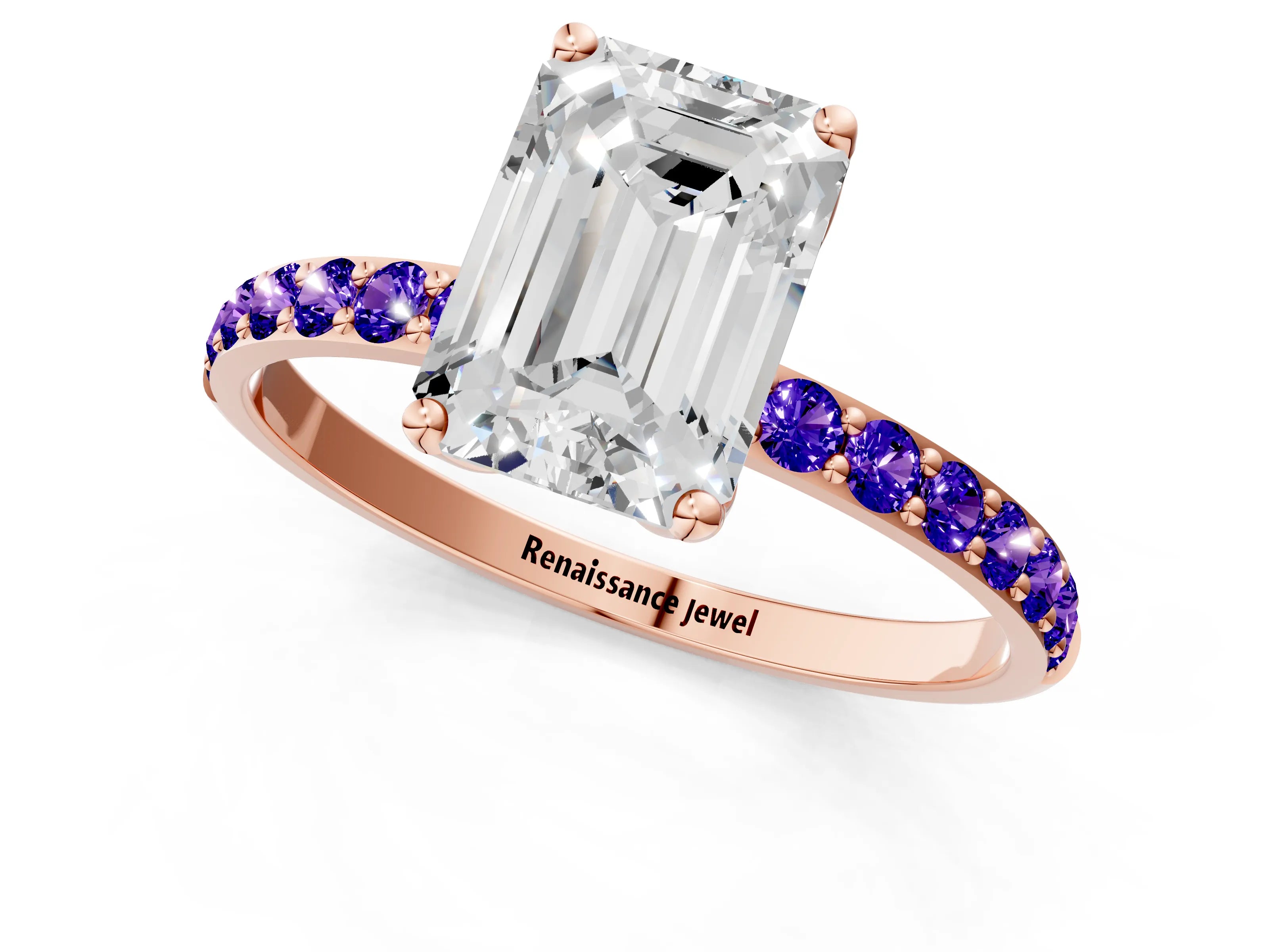 Rose gold Emerald Cut Diamond Solitaire Engagement Ring with Round with Tanzanite side stone Pavé Band and Prong Setting_1