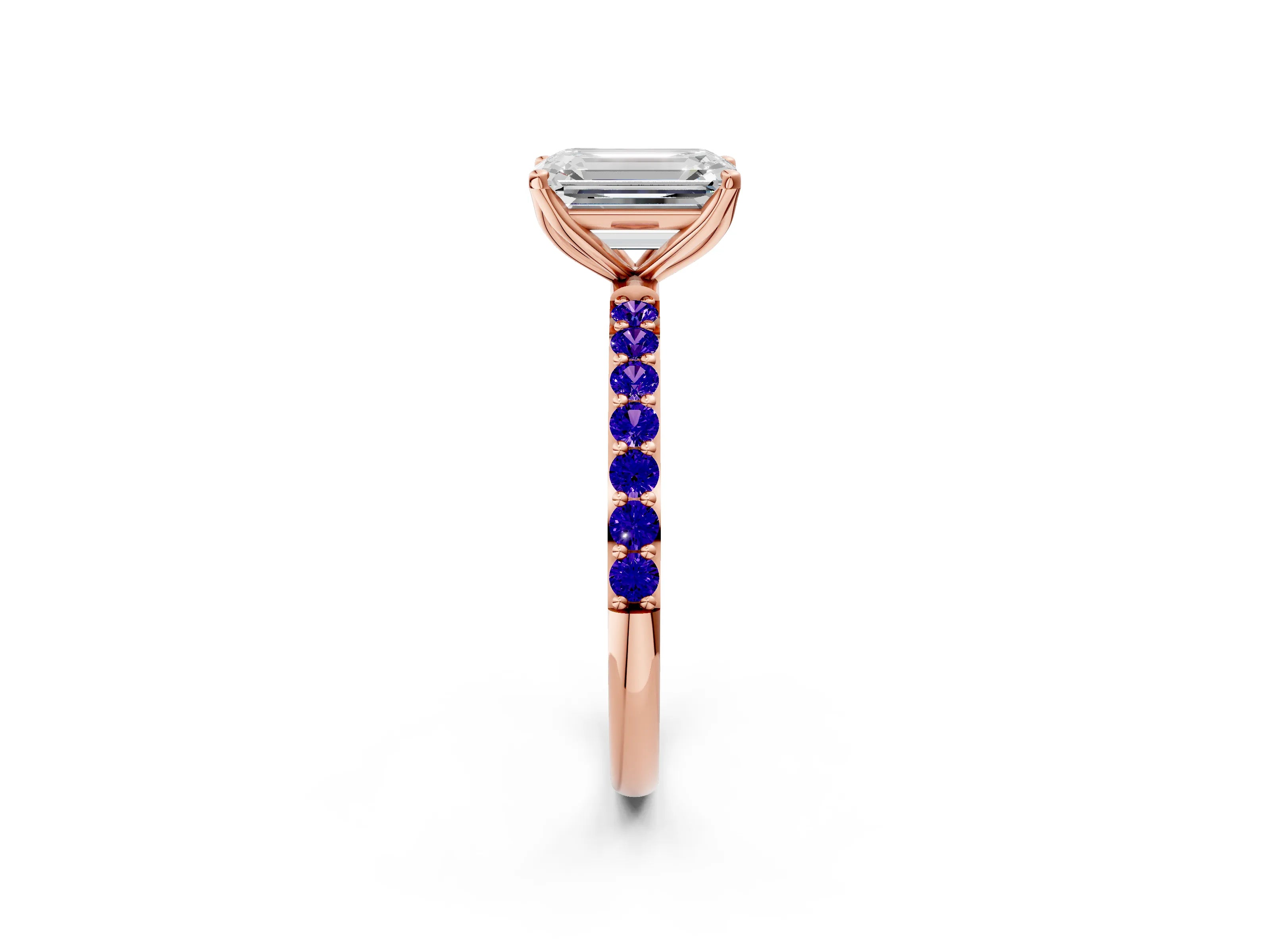 Rose gold Emerald Cut Diamond Solitaire Engagement Ring with Round with Tanzanite side stone Pavé Band and Prong Setting_2