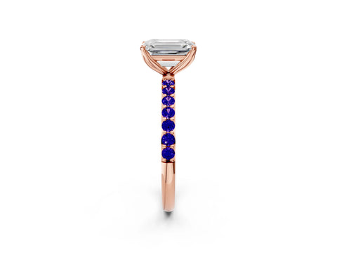 Rose gold Emerald Cut Diamond Solitaire Engagement Ring with Round with Tanzanite side stone Pavé Band and Prong Setting_2