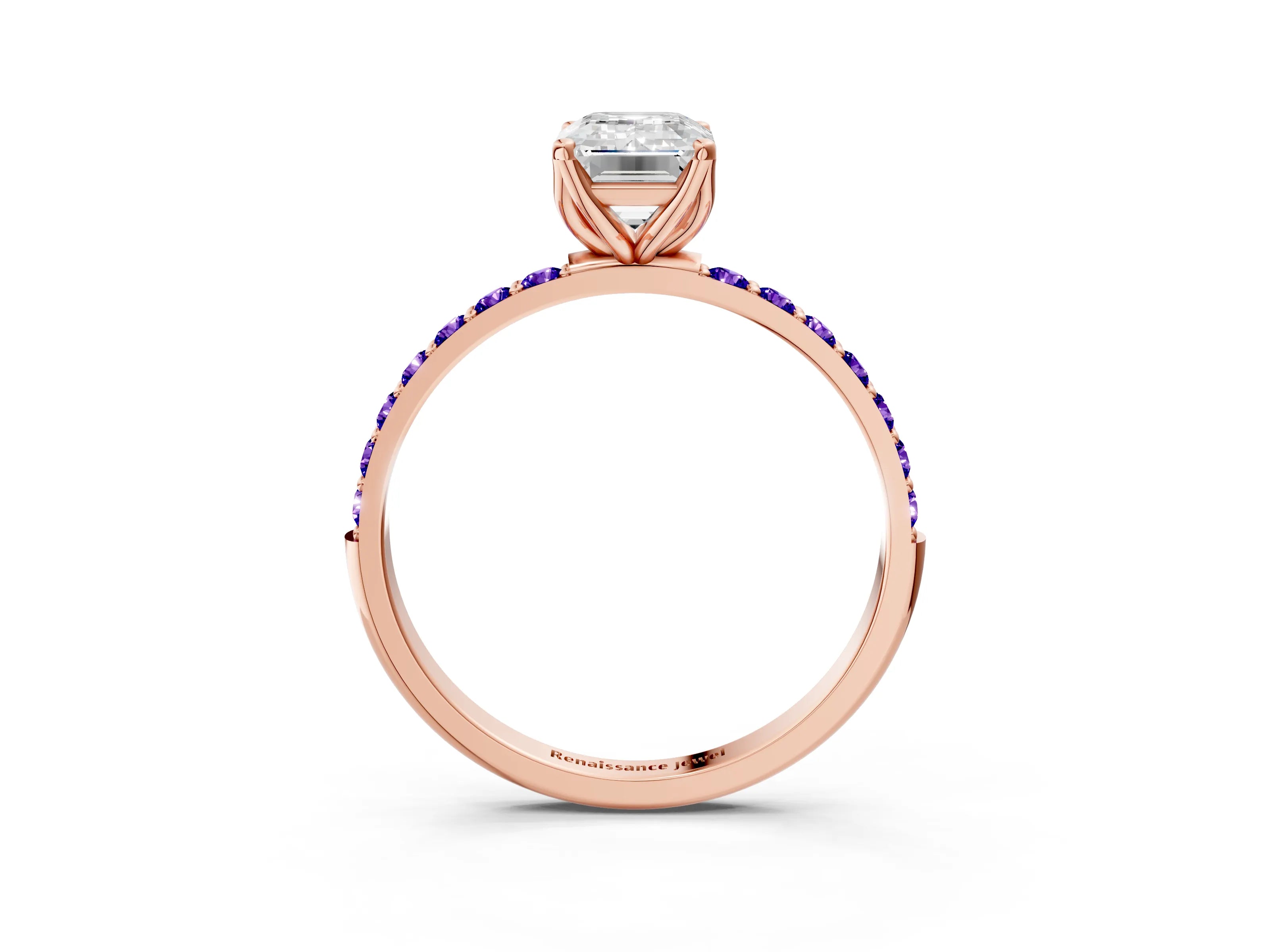 Rose gold Emerald Cut Diamond Solitaire Engagement Ring with Round with Tanzanite side stone Pavé Band and Prong Setting_3