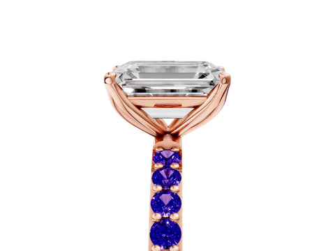 Rose gold Emerald Cut Diamond Solitaire Engagement Ring with Round with Tanzanite side stone Pavé Band and Prong Setting_5