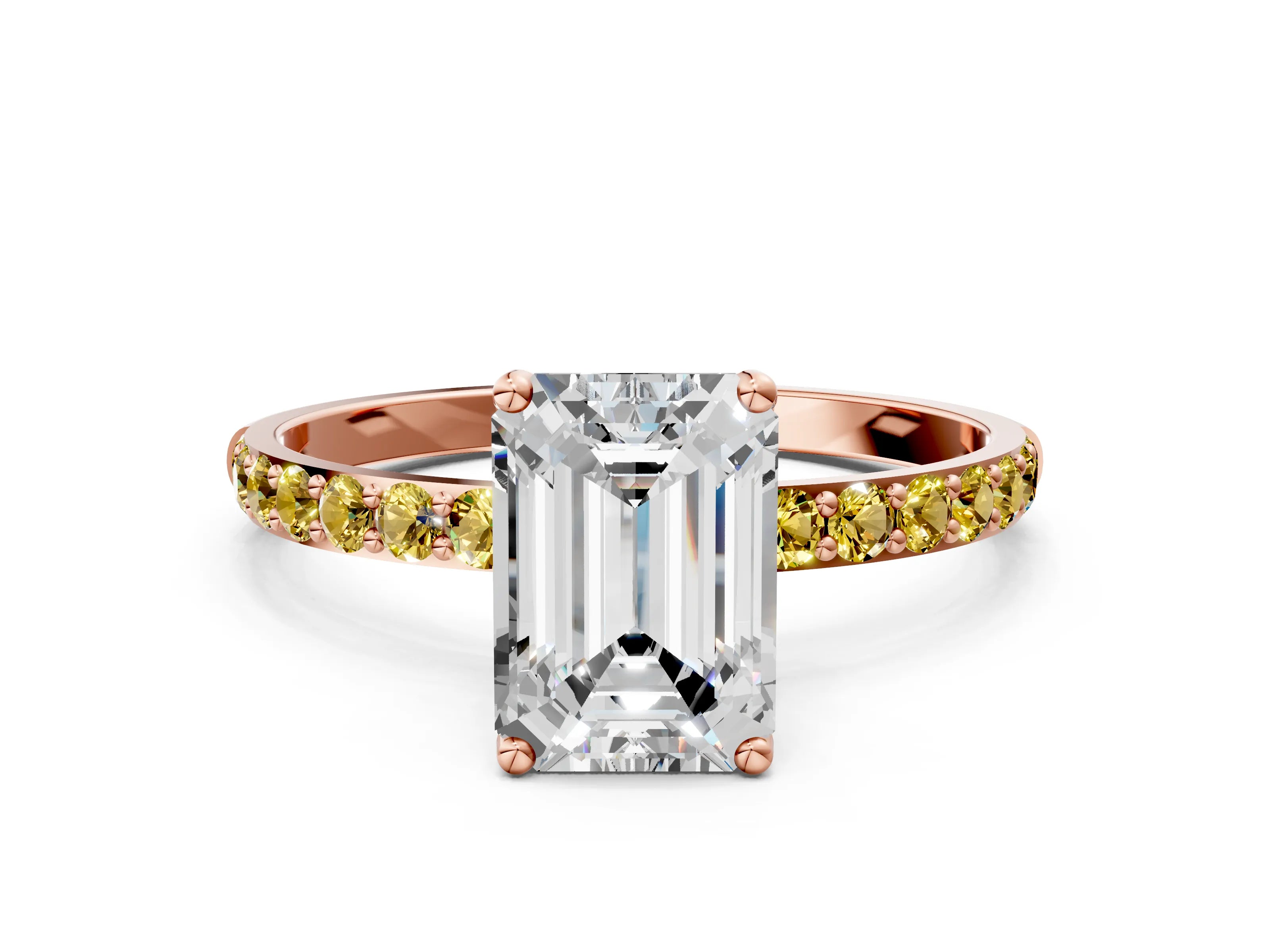 Rose gold Emerald Cut Diamond Solitaire Engagement Ring with Round with Yellow Sapphire side stone Pavé Band and Prong Setting