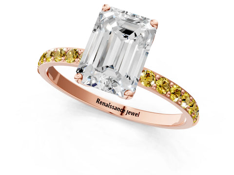 Rose gold Emerald Cut Diamond Solitaire Engagement Ring with Round with Yellow Sapphire side stone Pavé Band and Prong Setting_1