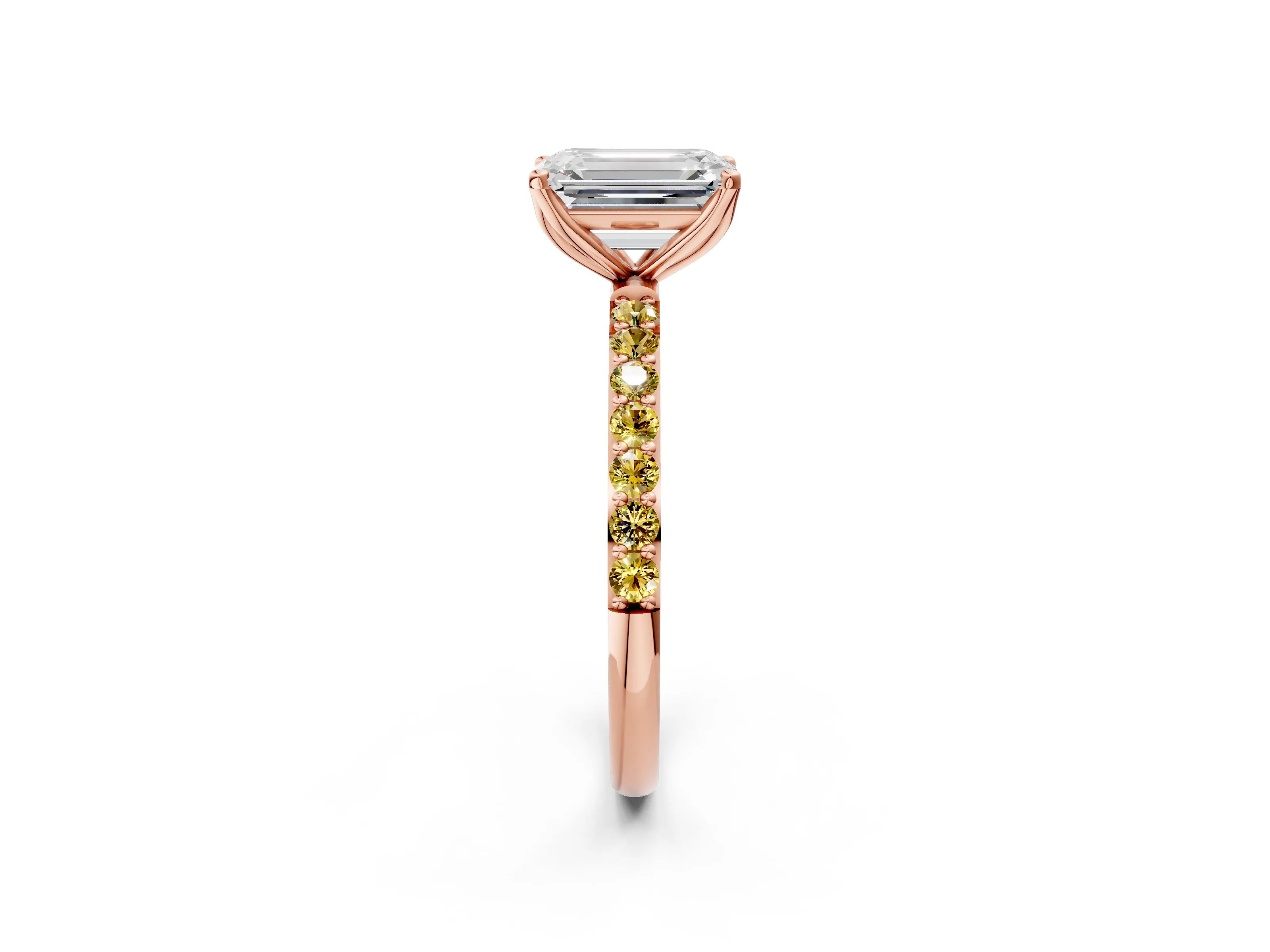 Rose gold Emerald Cut Diamond Solitaire Engagement Ring with Round with Yellow Sapphire side stone Pavé Band and Prong Setting_2