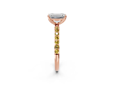 Rose gold Emerald Cut Diamond Solitaire Engagement Ring with Round with Yellow Sapphire side stone Pavé Band and Prong Setting_2