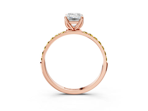 Rose gold Emerald Cut Diamond Solitaire Engagement Ring with Round with Yellow Sapphire side stone Pavé Band and Prong Setting_3