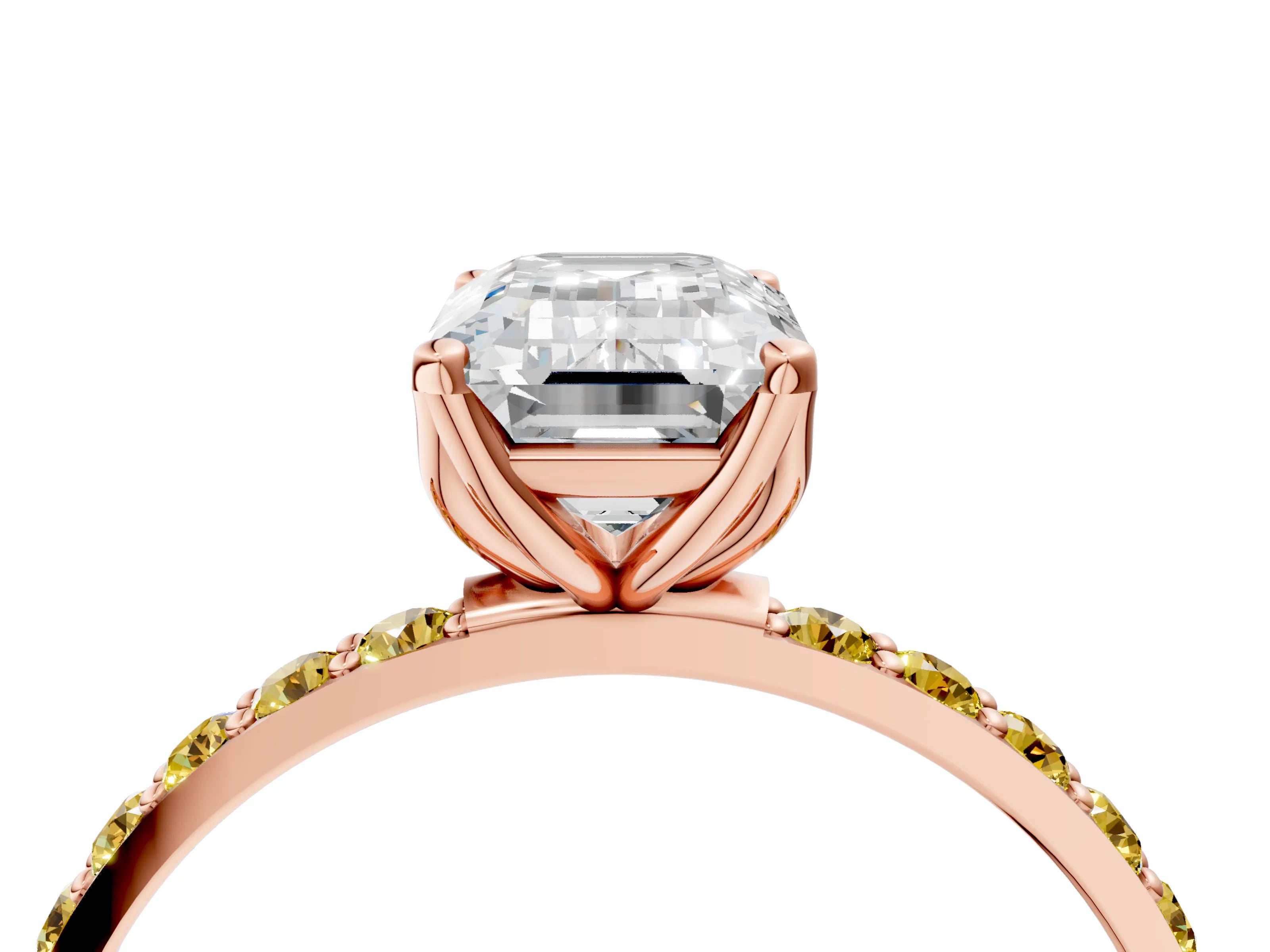Rose gold Emerald Cut Diamond Solitaire Engagement Ring with Round with Yellow Sapphire side stone Pavé Band and Prong Setting_4