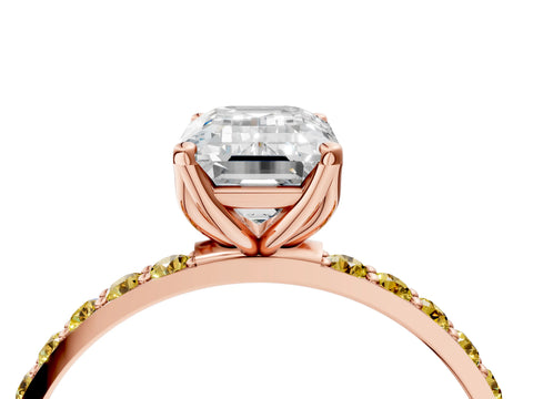 Rose gold Emerald Cut Diamond Solitaire Engagement Ring with Round with Yellow Sapphire side stone Pavé Band and Prong Setting_4