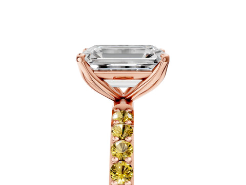 Rose gold Emerald Cut Diamond Solitaire Engagement Ring with Round with Yellow Sapphire side stone Pavé Band and Prong Setting_5