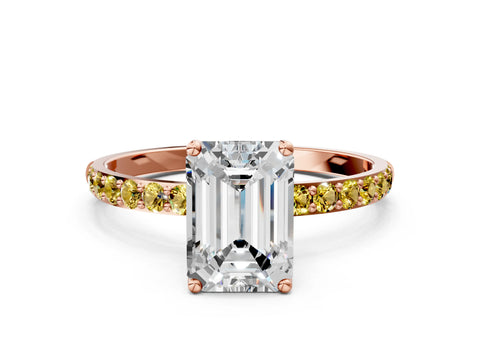 Rose gold Emerald Cut Diamond Solitaire Engagement Ring with Round with Yellow Sapphire side stone Pavé Band and Prong Setting