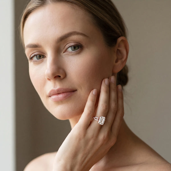 Rose gold Emerald Cut Diamond Solitaire Engagement Ring with Twisted Pavé Band and Four-Prong Setting
