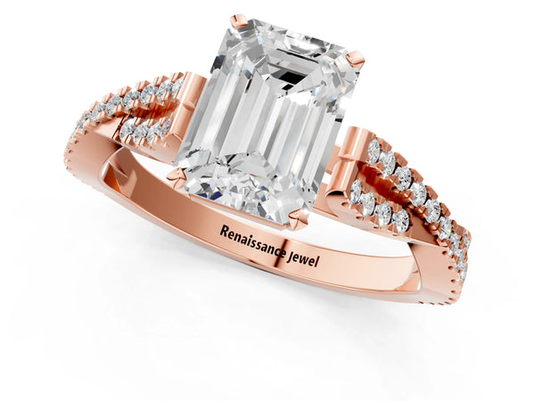 Rose gold Emerald Cut Diamond Solitaire Engagement Ring with Twisted Pavé Band and Four-Prong Setting
