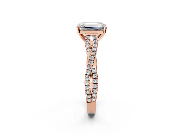 Rose gold Emerald Cut Diamond Solitaire Engagement Ring with Twisted Pavé Band and Four-Prong Setting