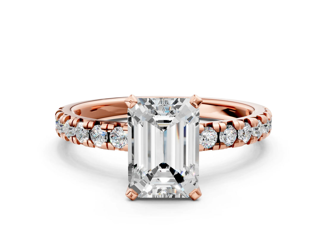 Rose gold Emerald Cut Diamond Solitaire Pavé Engagement Ring with Round Band and Prong Setting_68