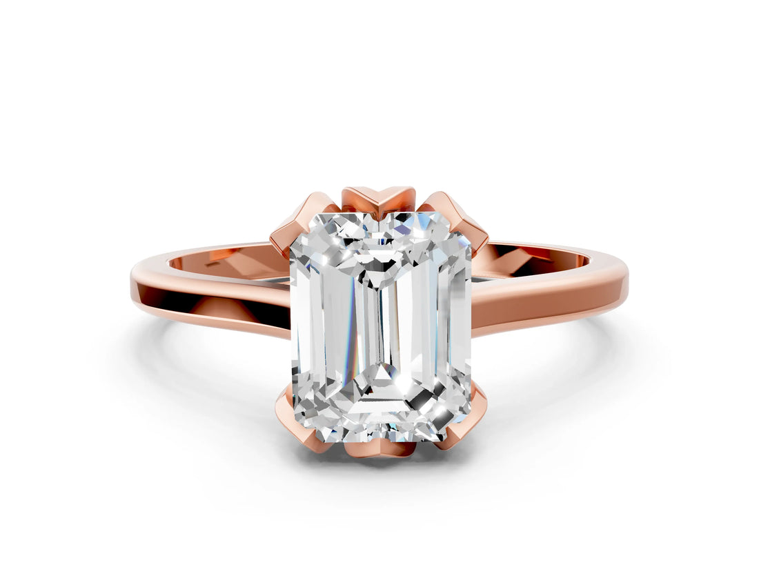 Rose gold Emerald Cut Diamond Solitaire Ring with Flower Prong Setting and Classic Band_44