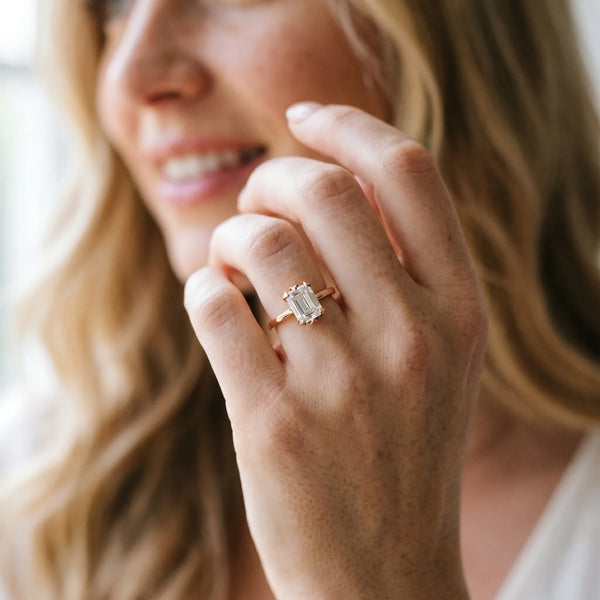 Rose Gold Emerald Cut Floral Solitaire Engagement Ring Setting with Flower Head and Plain Band