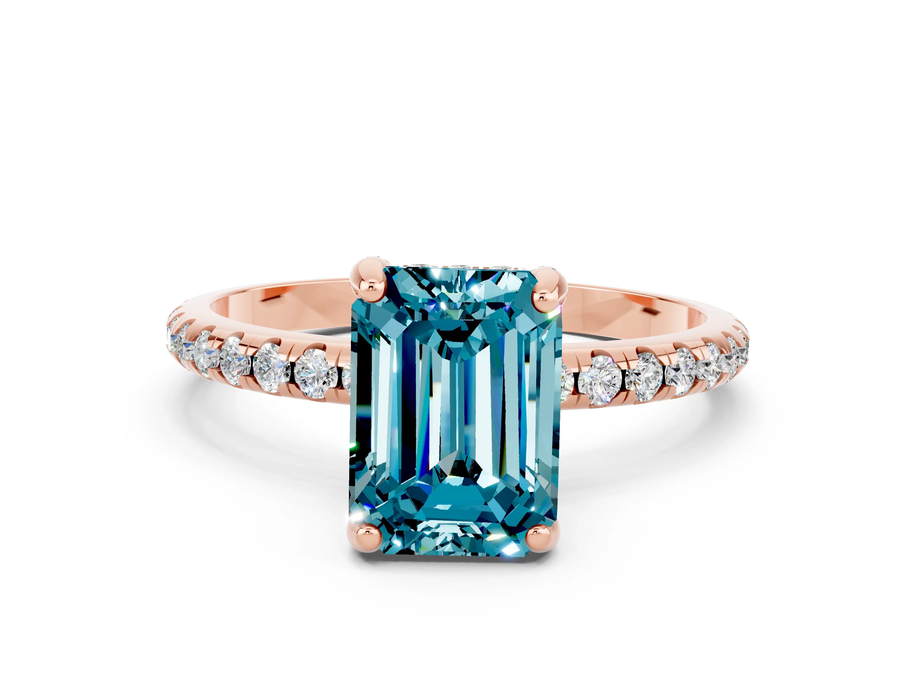 Rose gold Emerald Cut Diamond Solitaire Ring with Four-Prong Setting and Pavé Band