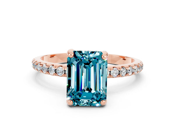 Rose gold Emerald Cut Diamond Solitaire Ring with Four-Prong Setting and Pavé Band