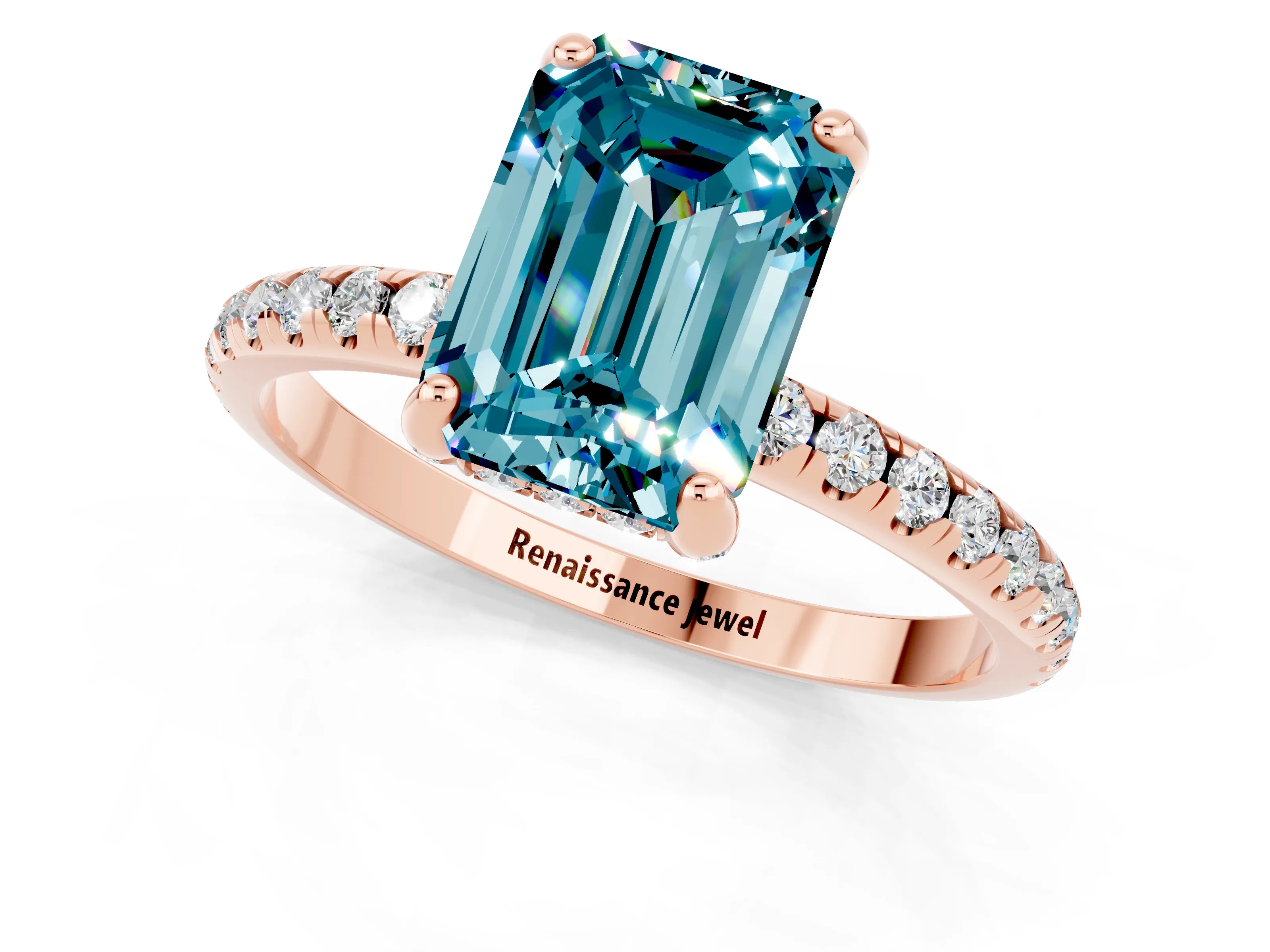 Rose gold Emerald Cut Diamond Solitaire Ring with Four-Prong Setting and Pavé Band_1