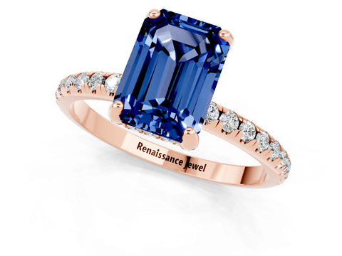Rose gold Emerald Cut Diamond Solitaire Ring with Four-Prong Setting and Pavé Band_1