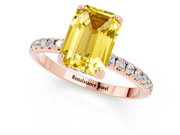 Rose gold Emerald Cut Yellow Sapphire Hidden Halo Engagement Ring with Round Pavé Band and Prong Setting