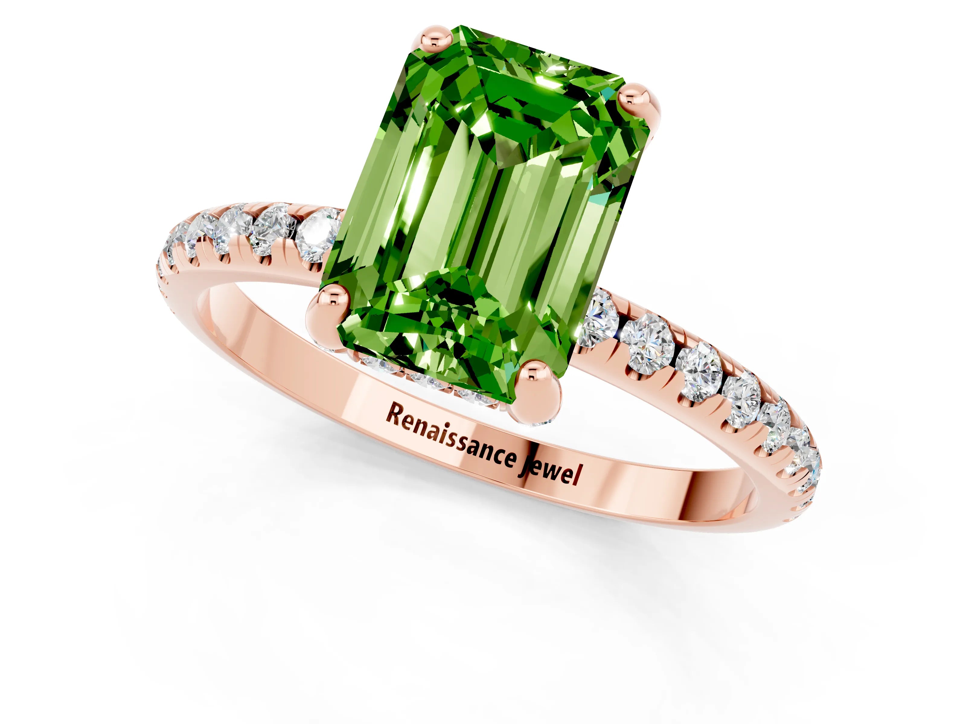 Rose gold Emerald Cut Diamond Solitaire Ring with Four-Prong Setting and Pavé Band_1