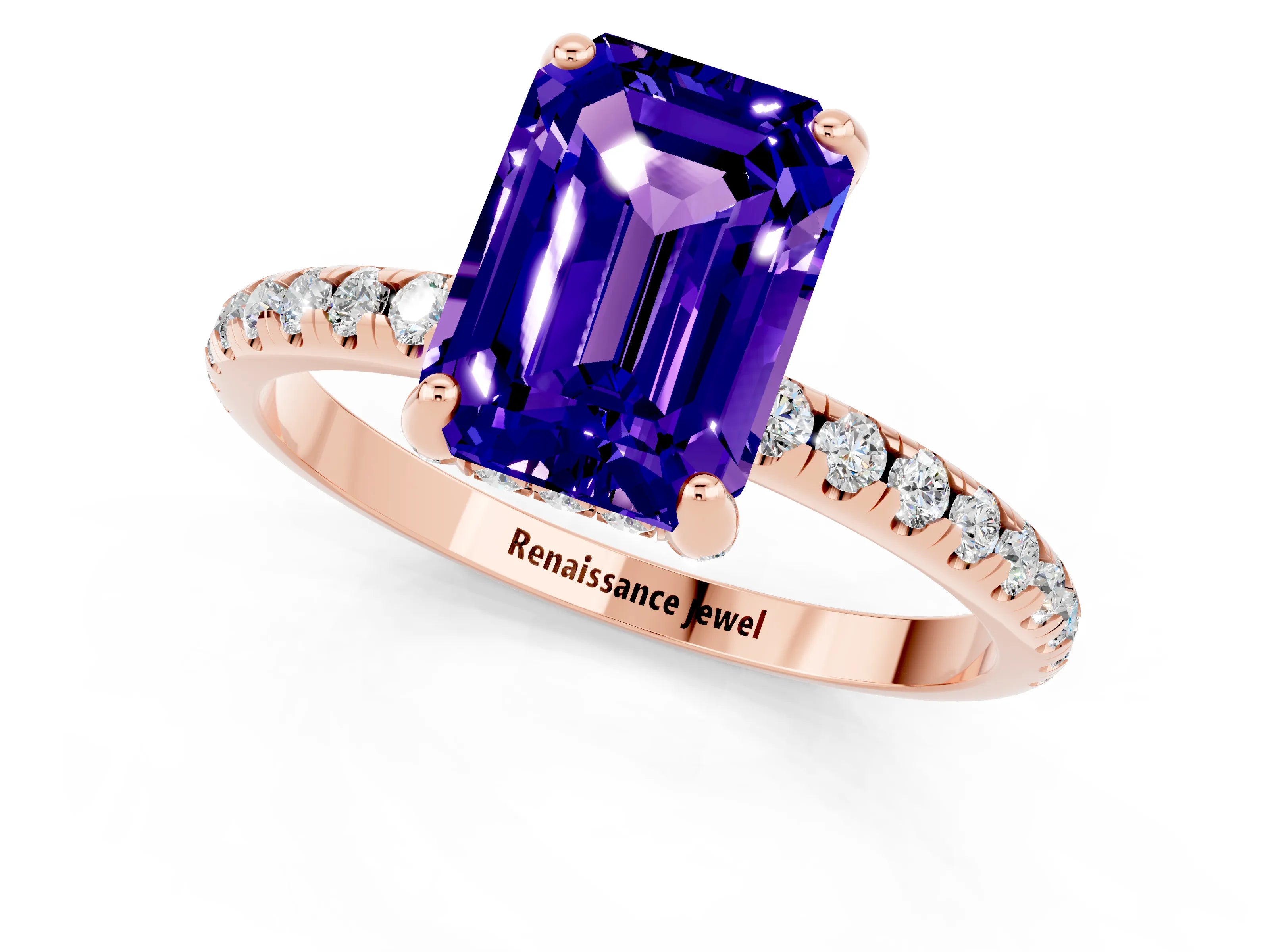 Rose gold Emerald Cut Diamond Solitaire Ring with Four-Prong Setting and Pavé Band_1
