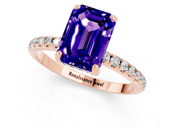 Rose gold Emerald Cut Tanzanite Hidden Halo Engagement Ring with Round Pavé Band and Prong Setting