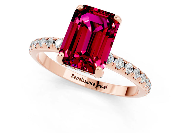 Rose gold Emerald Cut Garnet Hidden Halo Engagement Ring with Round Pavé Band and Prong Setting