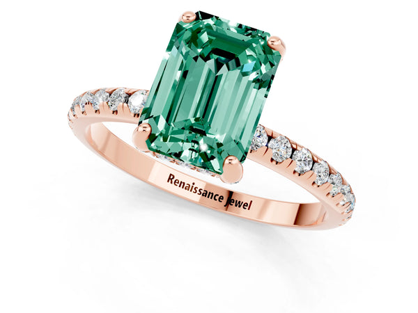 Rose gold Emerald Cut Green Sapphire Hidden Halo Engagement Ring with Round Pavé Band and Prong Setting