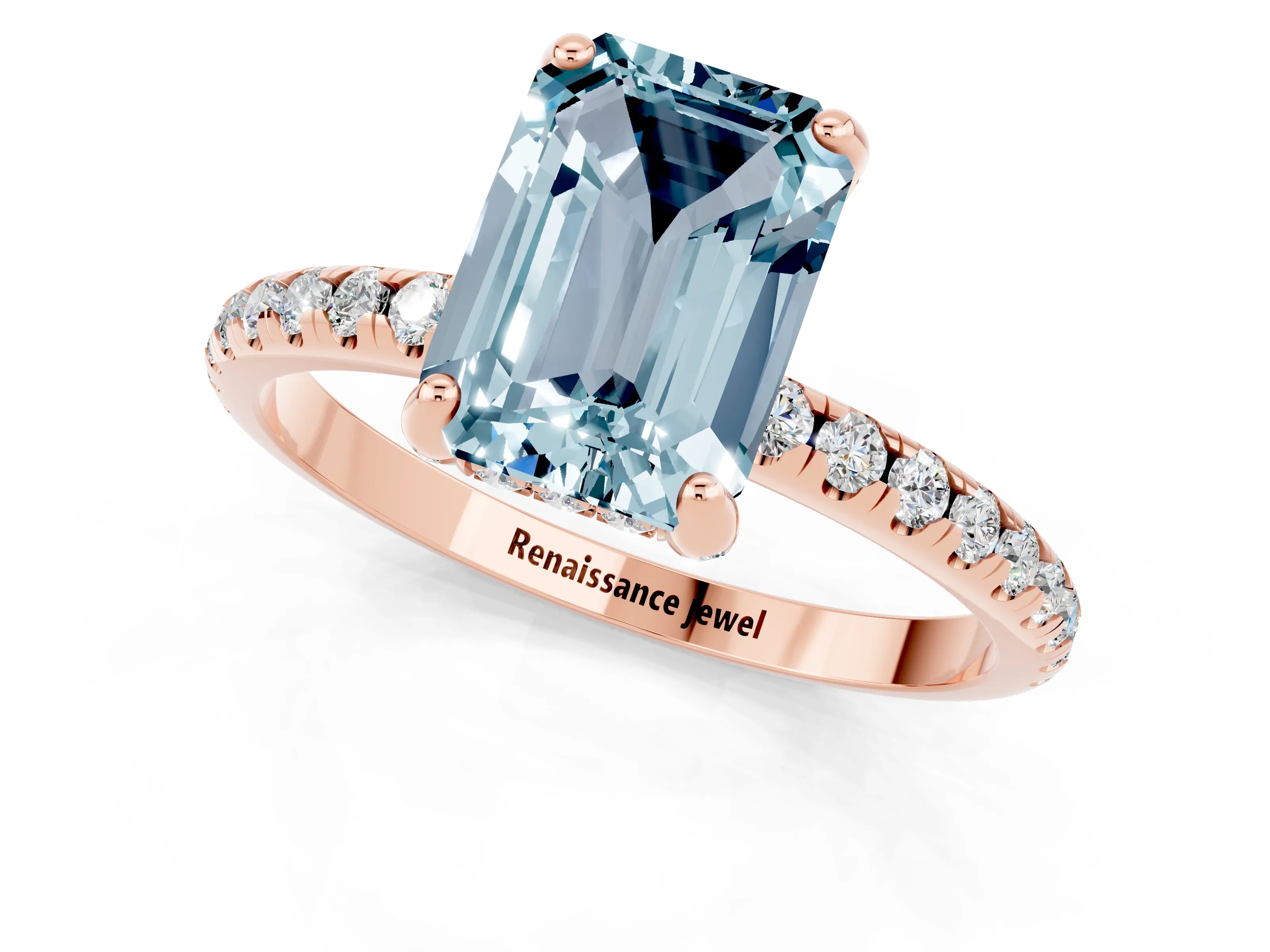Rose gold Emerald Cut Diamond Solitaire Ring with Four-Prong Setting and Pavé Band_1