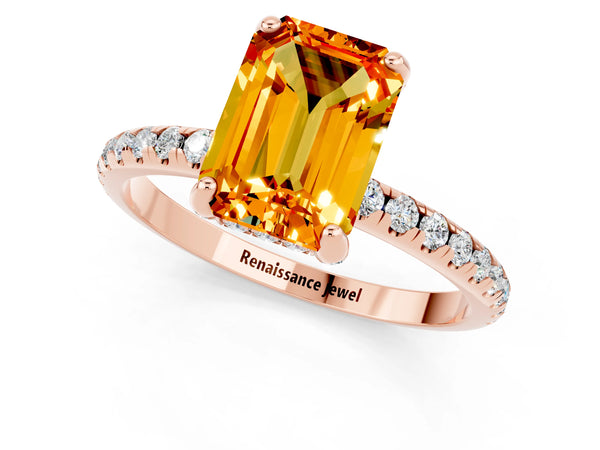 Rose gold Emerald Cut Citrine Hidden Halo Engagement Ring with Round Pavé Band and Prong Setting