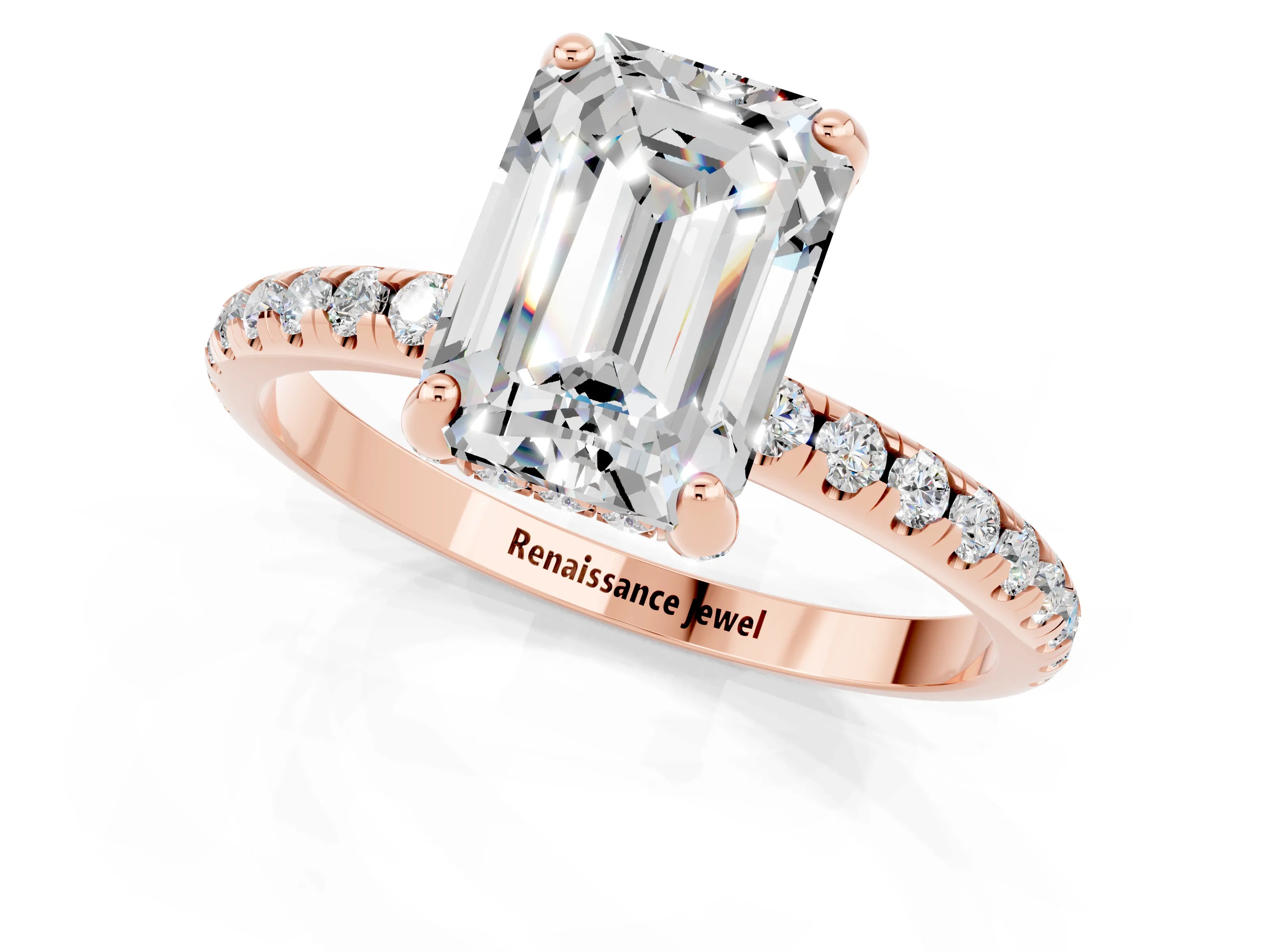 Rose gold Emerald Cut Diamond Solitaire Ring with Four-Prong Setting and Pavé Band_1