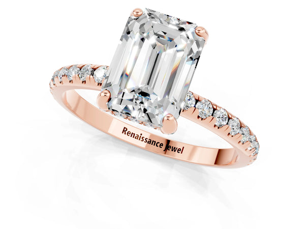 Rose gold Emerald Cut Moissanite Hidden Halo Engagement Ring with Round Pavé Band and Prong Setting