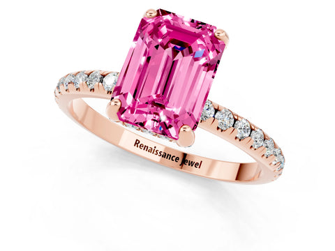 Rose gold Emerald Cut Diamond Solitaire Ring with Four-Prong Setting and Pavé Band_1