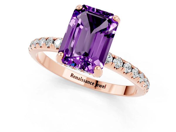 Rose gold Emerald Cut Amethyst Hidden Halo Engagement Ring with Round Pavé Band and Prong Setting