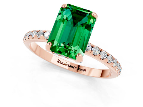 Rose gold Emerald Cut Diamond Solitaire Ring with Four-Prong Setting and Pavé Band_1