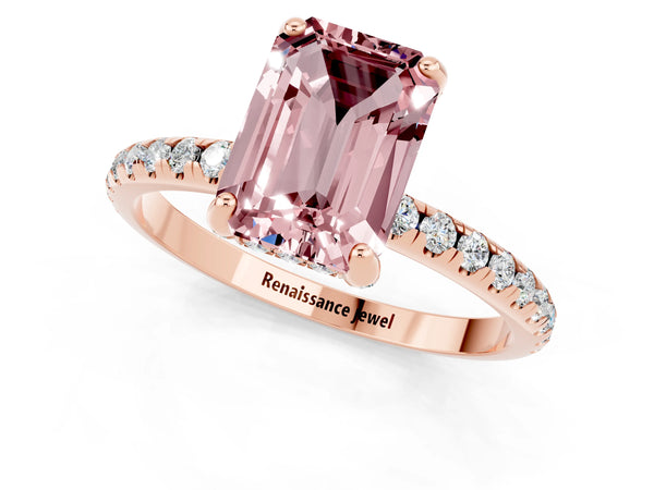 Rose gold Emerald Cut Diamond Solitaire Ring with Four-Prong Setting and Pavé Band