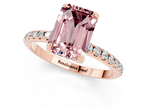 Rose gold Emerald Cut Diamond Solitaire Ring with Four-Prong Setting and Pavé Band_1