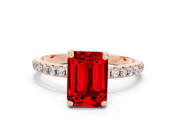 Rose gold Emerald Cut Diamond Solitaire Ring with Four-Prong Setting and Pavé Band