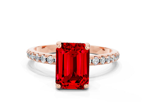 Rose gold Emerald Cut Diamond Solitaire Ring with Four-Prong Setting and Pavé Band