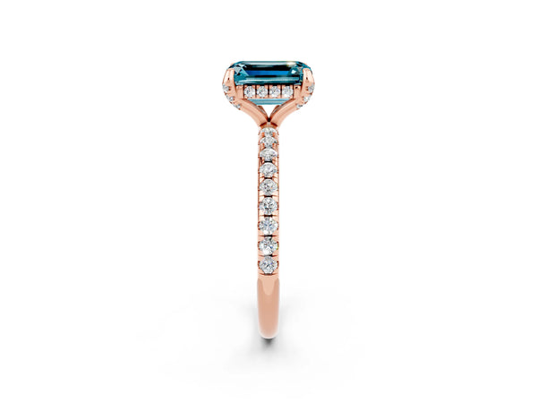 Rose gold Emerald Cut Diamond Solitaire Ring with Four-Prong Setting and Pavé Band