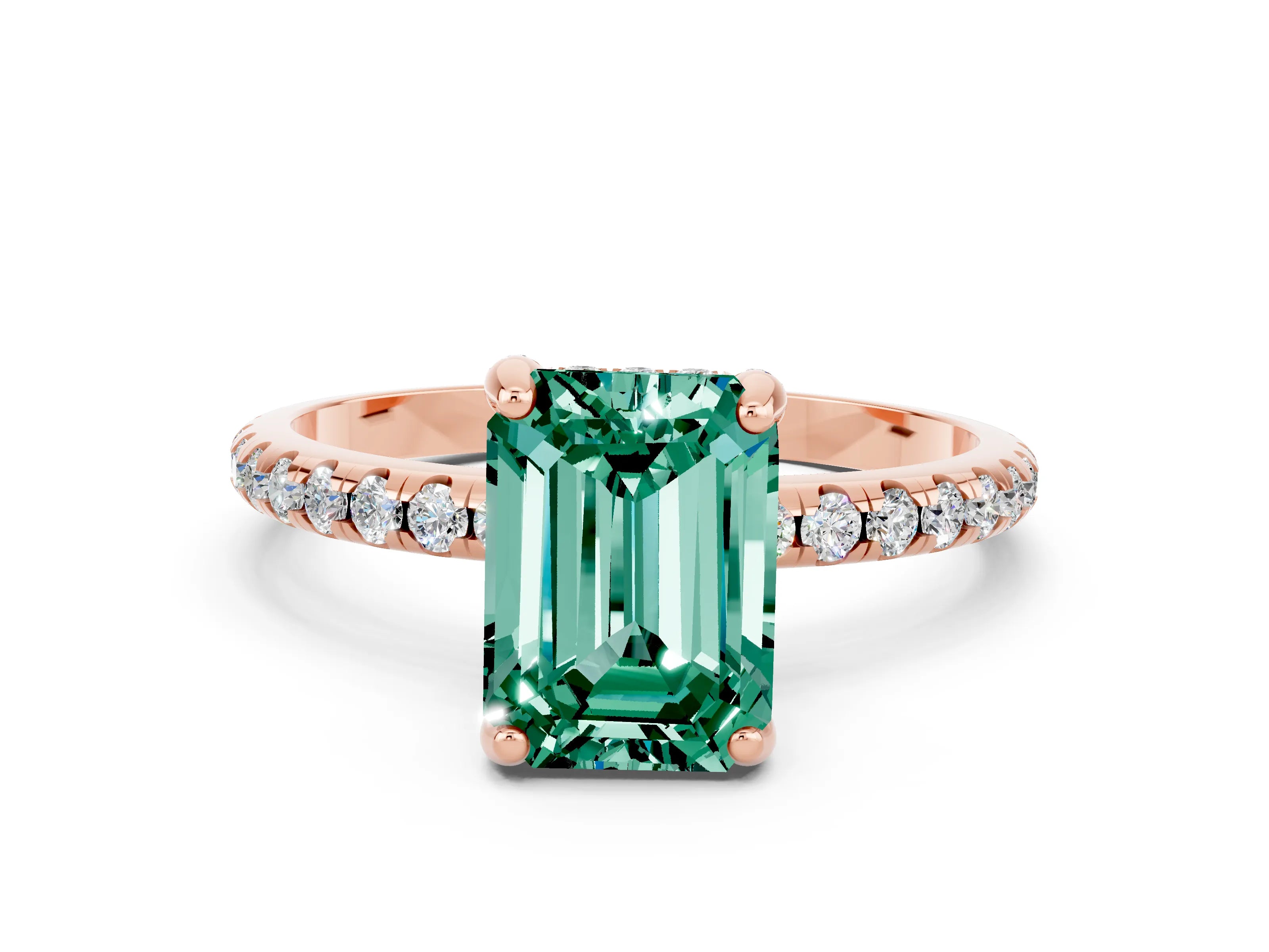 Rose gold Emerald Cut Diamond Solitaire Ring with Four-Prong Setting and Pavé Band